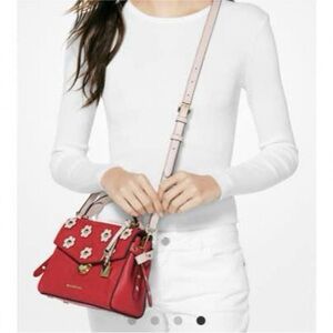 Michael Kors Red Floral Appliqué Satchel with Pink Strap